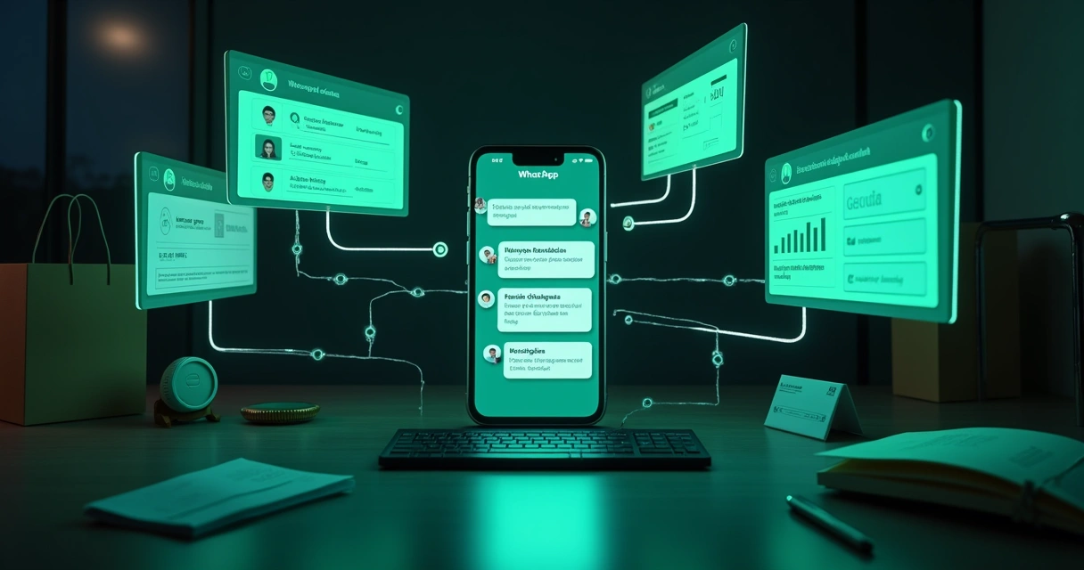 Tela flutuante de chatbot de WhatsApp conectada a vários ícones de sistemas de atendimento digital 