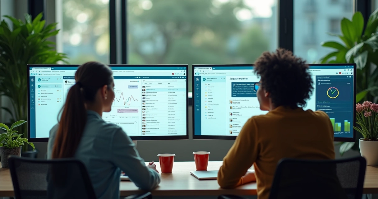 Equipe analisando plataforma de atendimento digital em computadores 
