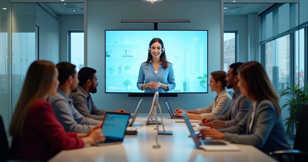 Ambiente de empresa com atendente virtual interagindo em tela e clientes observando 