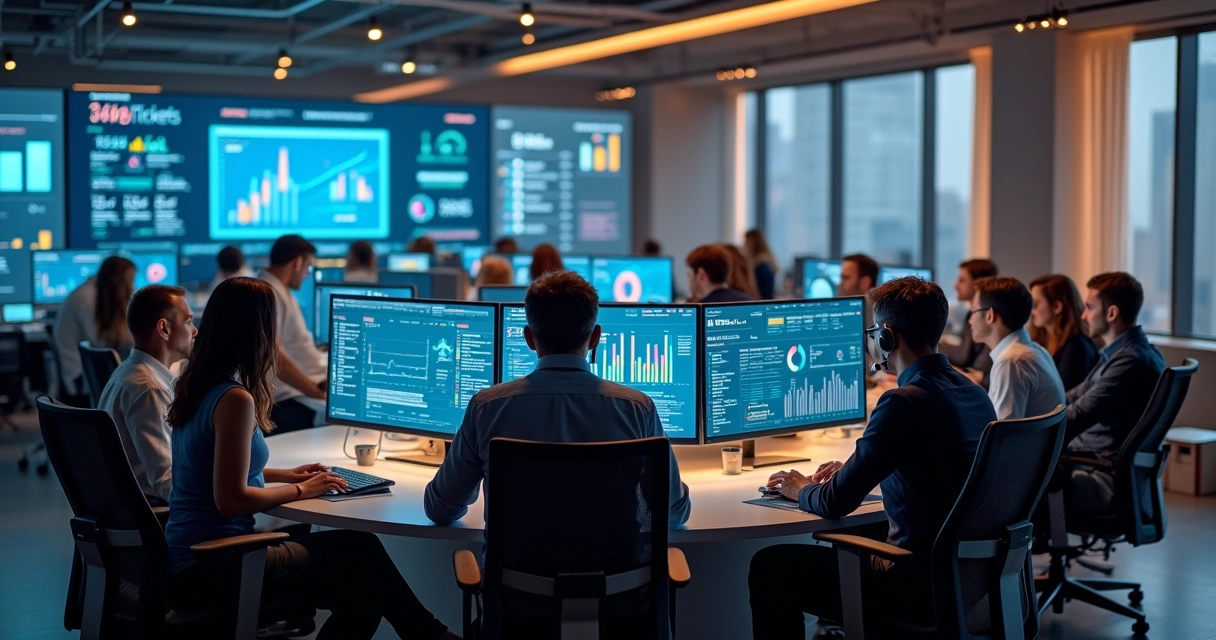 Equipe de TI analisando chamados em sistema digital 