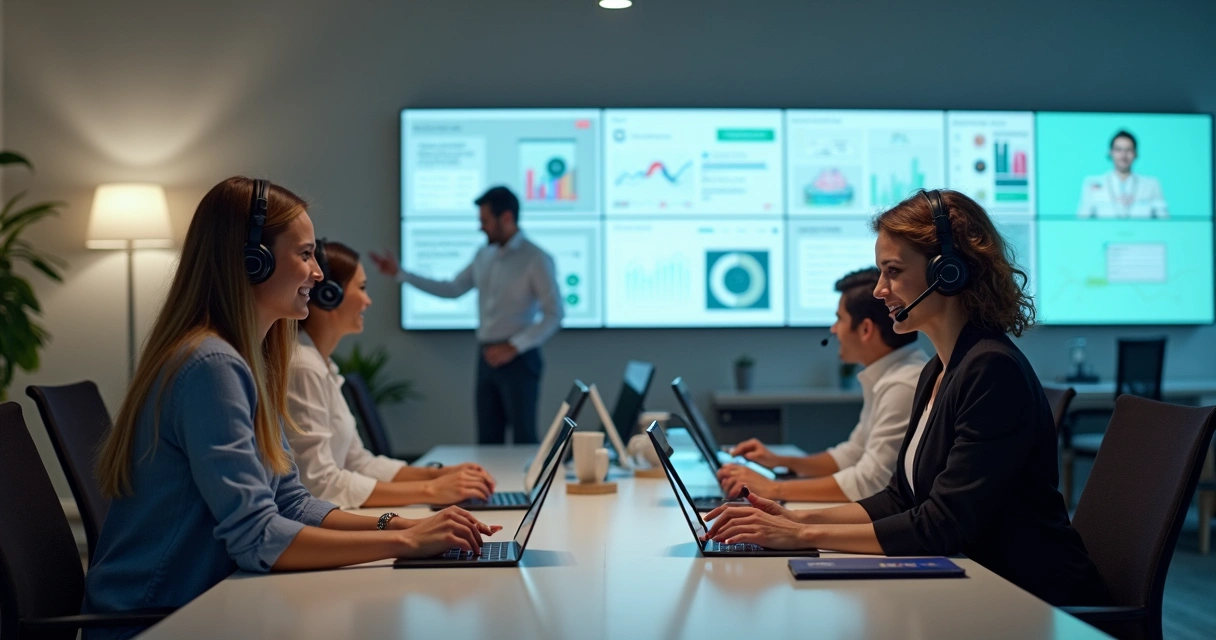 Equipe de atendimento usando diferentes tecnologias para automatizar processos 