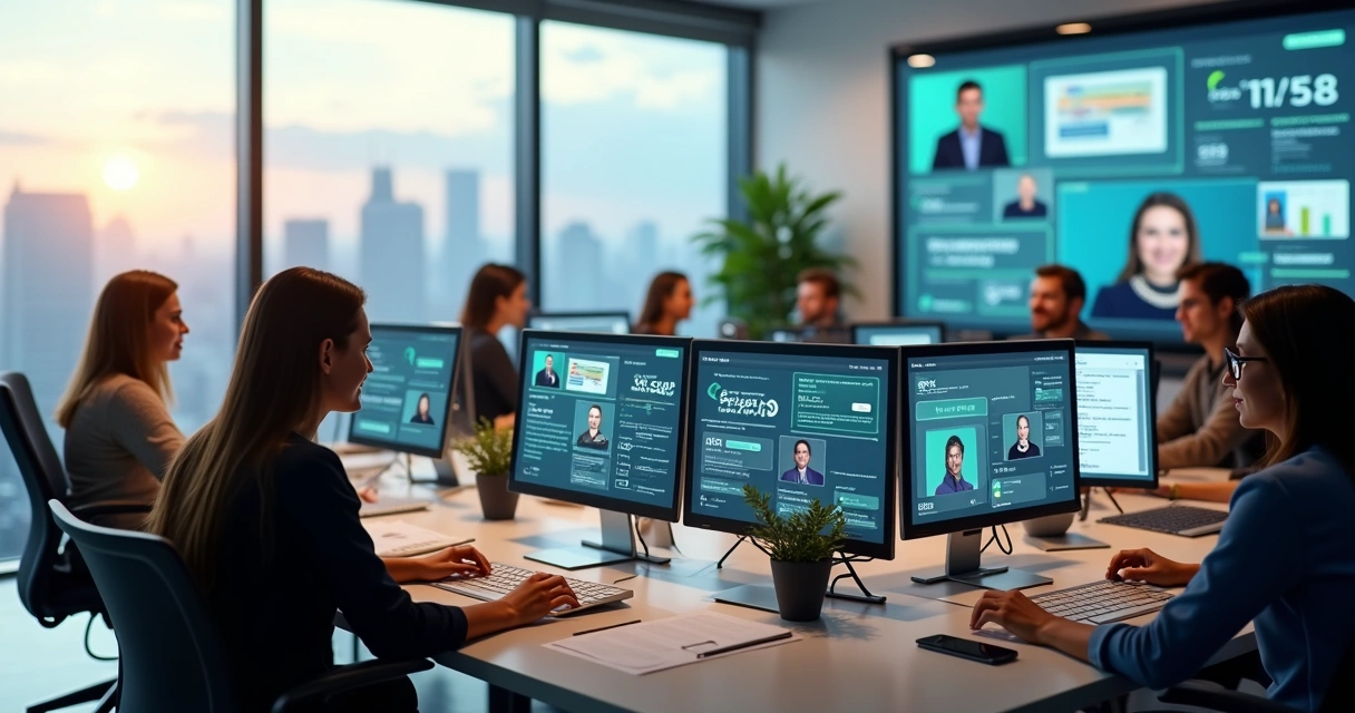 Equipe de imobiliária atendendo clientes digitalmente em computadores 