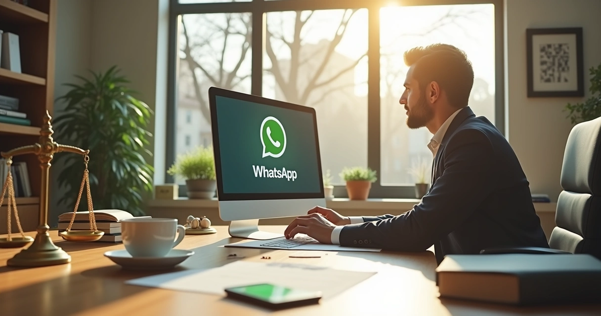 Advogado com computador e WhatsApp abertos em escritório 