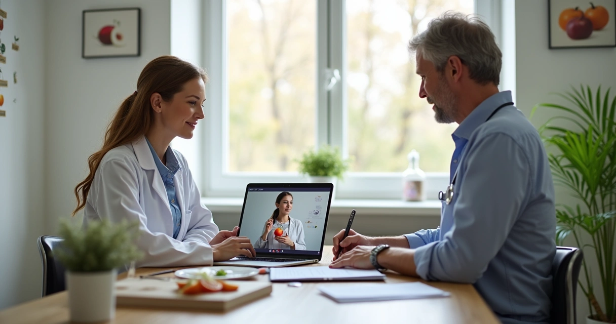 Nutricionista atendendo paciente por videoconferência no consultório