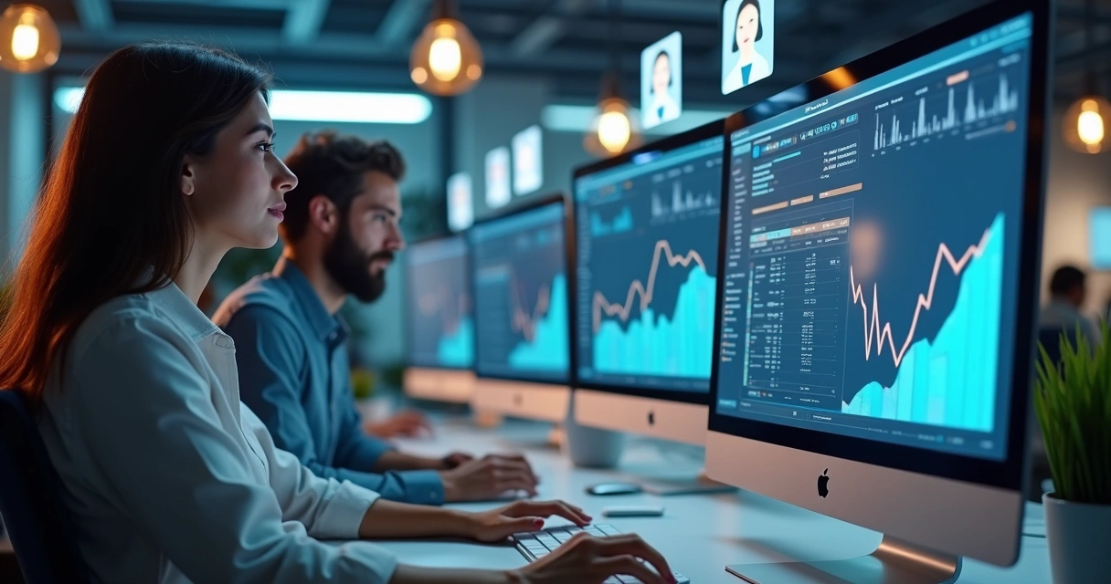 Equipe digital observa atendimento automático em computadores 