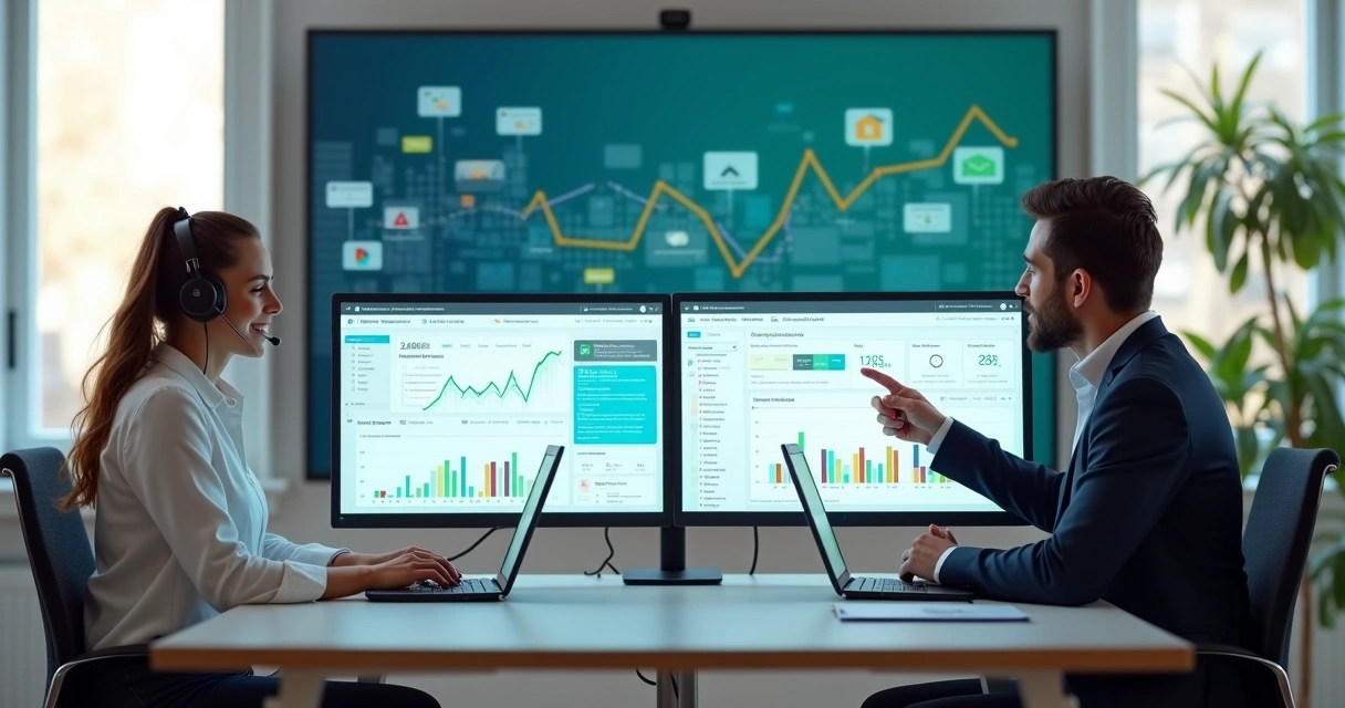 Equipe de pequena empresa atendendo clientes em canais digitais com telas exibindo chats e ícones de mensagens 