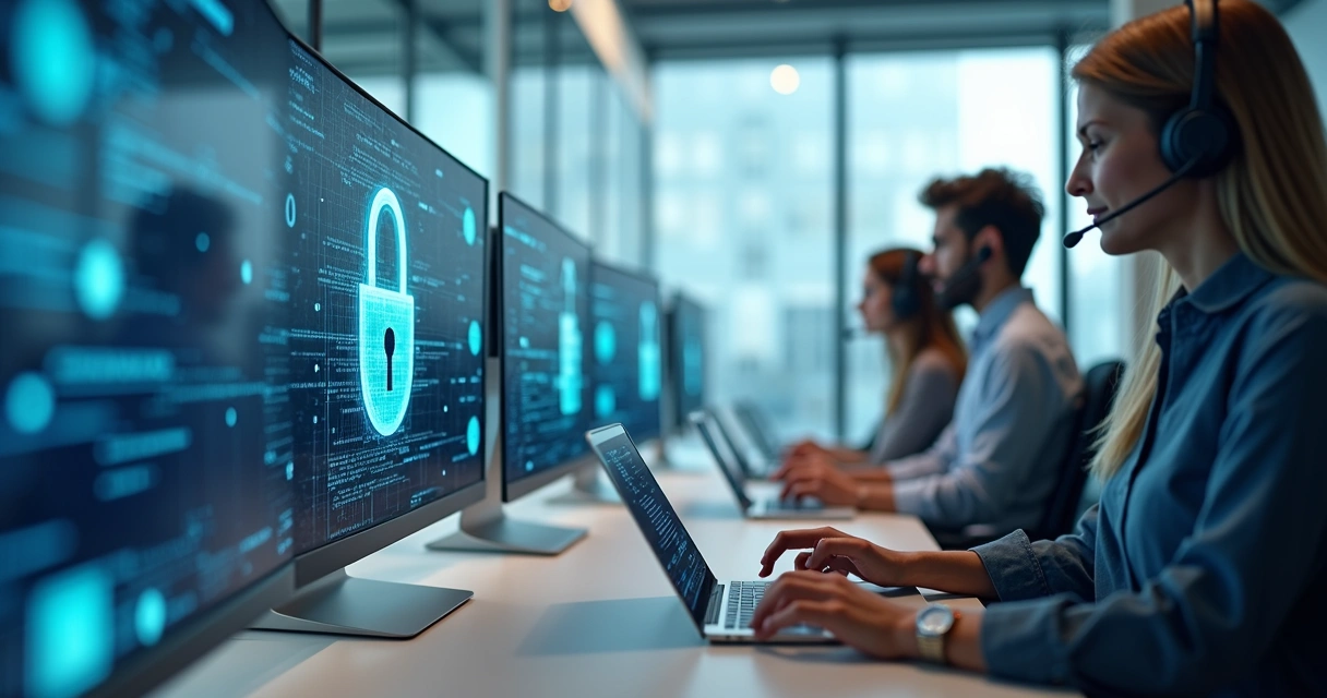 Equipe de atendimento digital usando computadores, com cadeados digitais representando segurança de dados. 