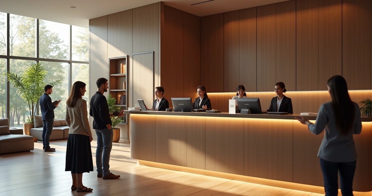 Balcão de recepção de hotel com equipe atendendo hóspedes e computadores no fundo 