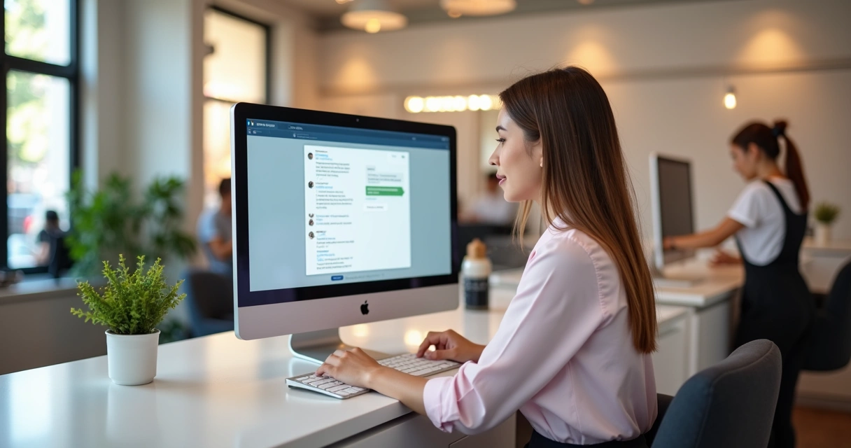 Atendente utilizando computador para responder clientes online em salão de beleza moderno 