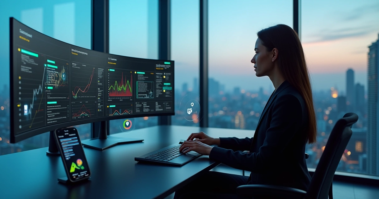 Gestora de seguros analisando painel digital de atendimento com chatbot em smartphone 
