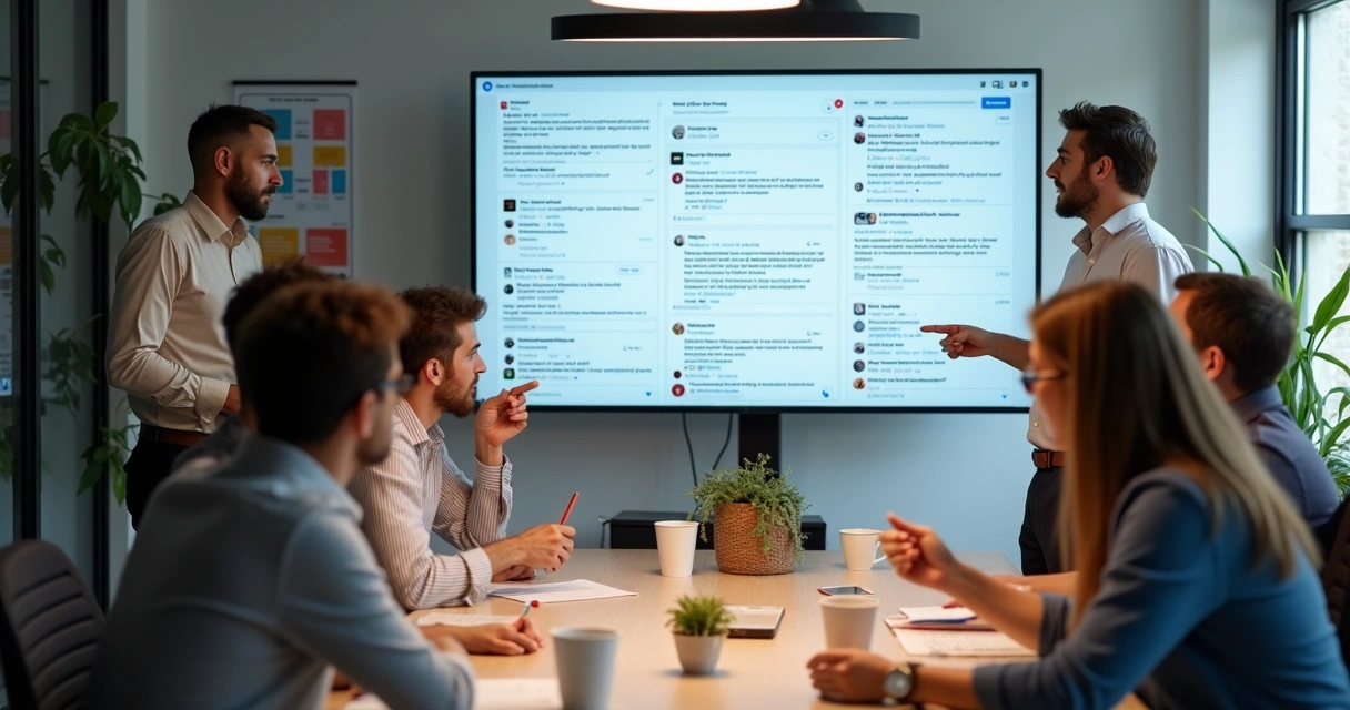 Equipe de atendimento digital analisando comentários em tela grande 