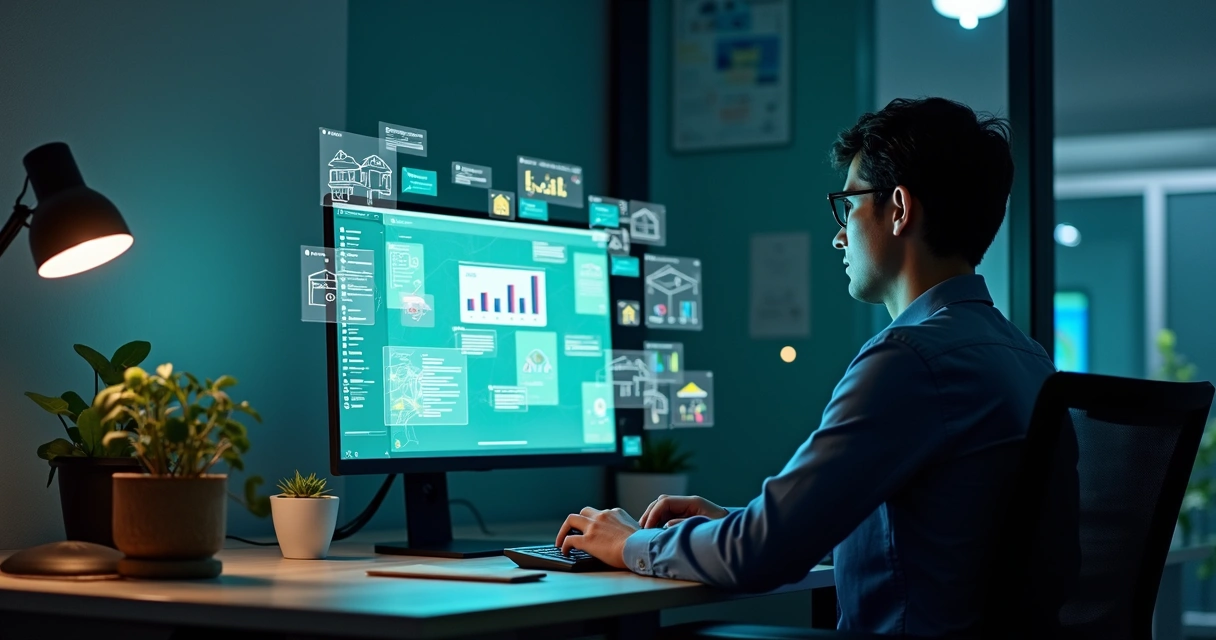 Pessoa usando computador e WhatsApp, com gráficos de mensagens emergindo 