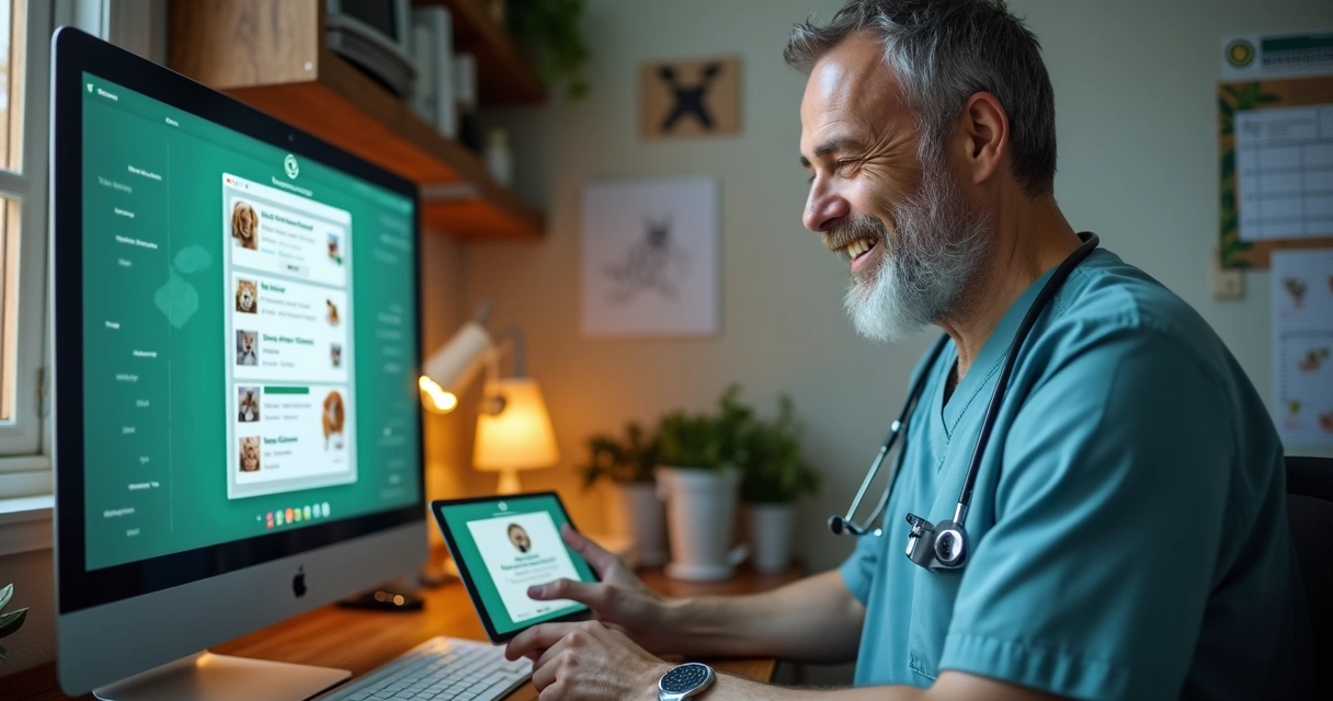 Veterinário respondendo clientes pelo WhatsApp em computador