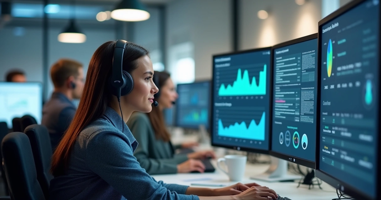 Equipe de atendimento em estação de trabalho com discador automático 