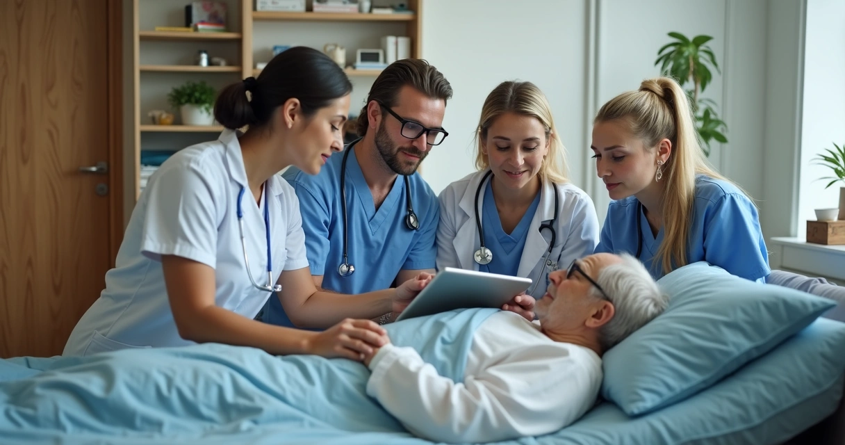 Equipe multidisciplinar analisando tablet durante visita de home care