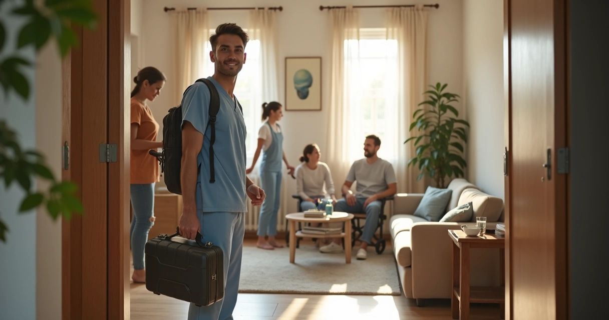 Dentista sorridente chegando para atendimento domiciliar com família recepcionando na porta 