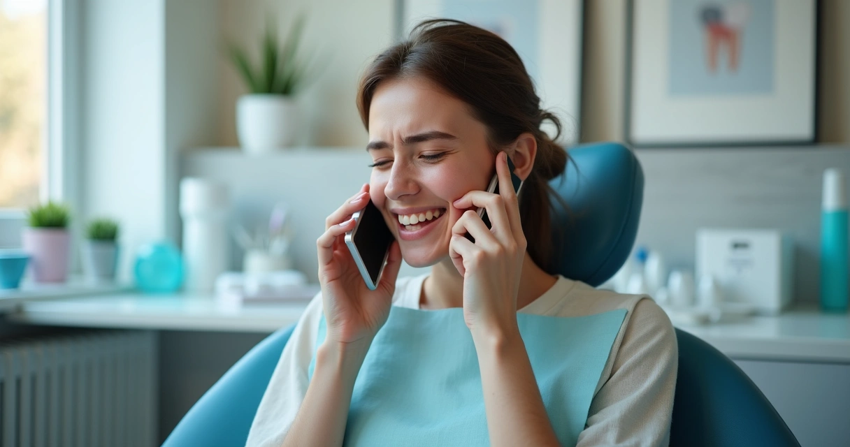 Paciente segurando rosto com dor enquanto fala ao telefone na sala de espera