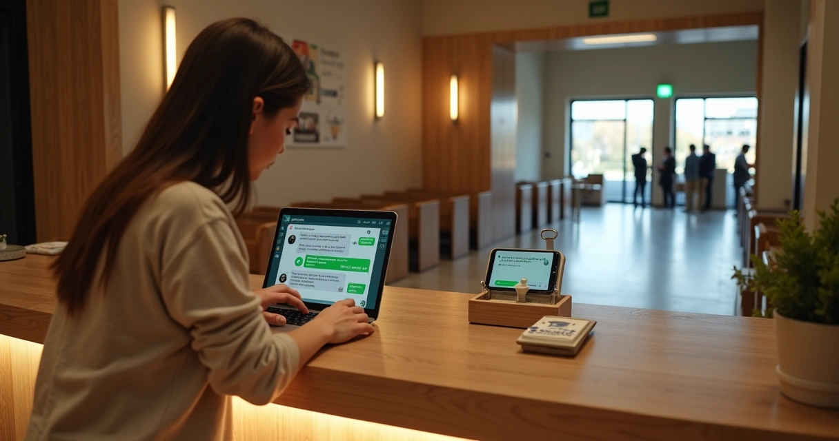 Atendente de igreja respondendo dúvidas de visitante pelo WhatsApp no notebook 