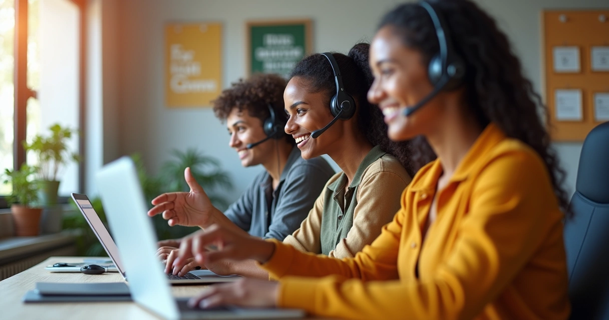 Equipe de atendimento ao cliente em escritório moderno com laptops 