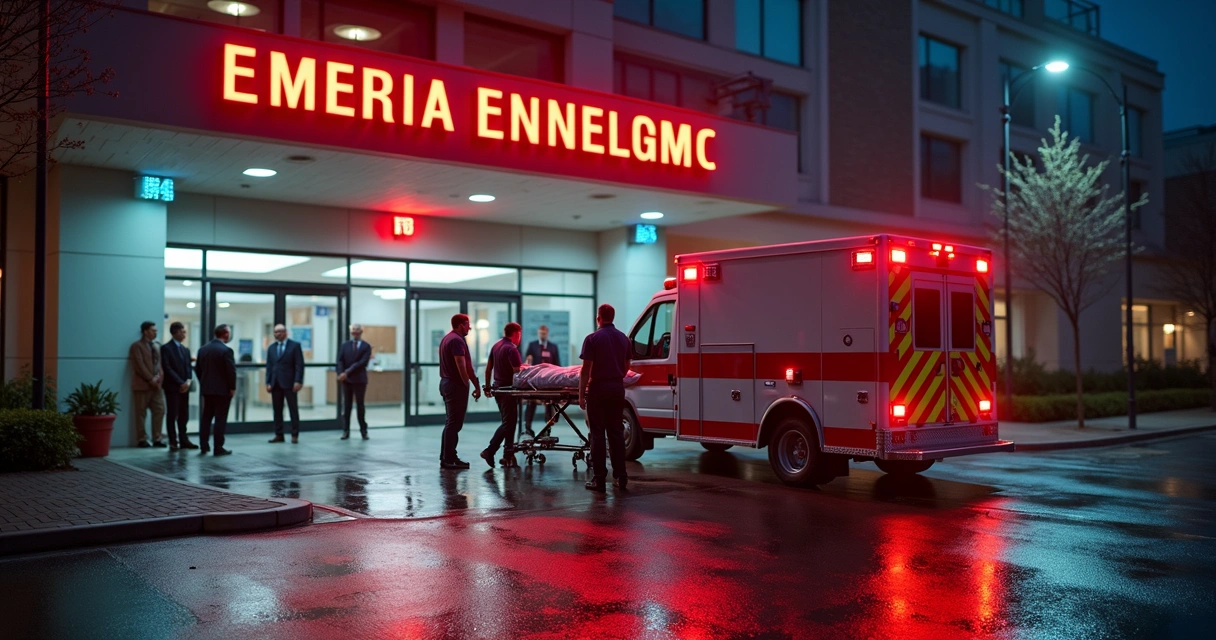 Ambulância chegando em hospital nos EUA com turista sendo atendido 
