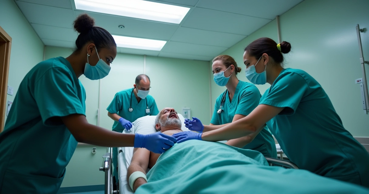 Equipe médica atendendo paciente em sala de emergência 