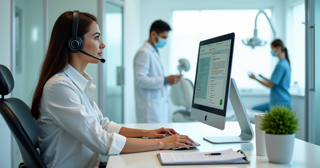 Recepcionista de clínica odontológica atendendo paciente por telefone em situação de emergência 