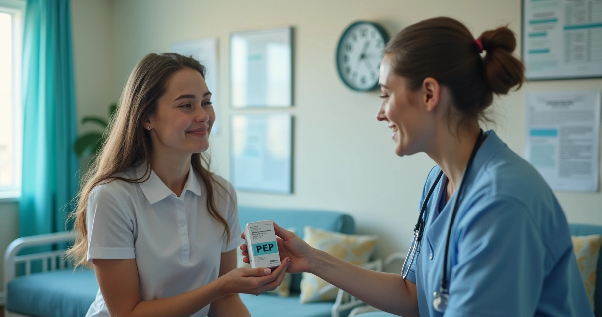 Profissional da saúde entrega caixa de medicamentos para paciente em consultório