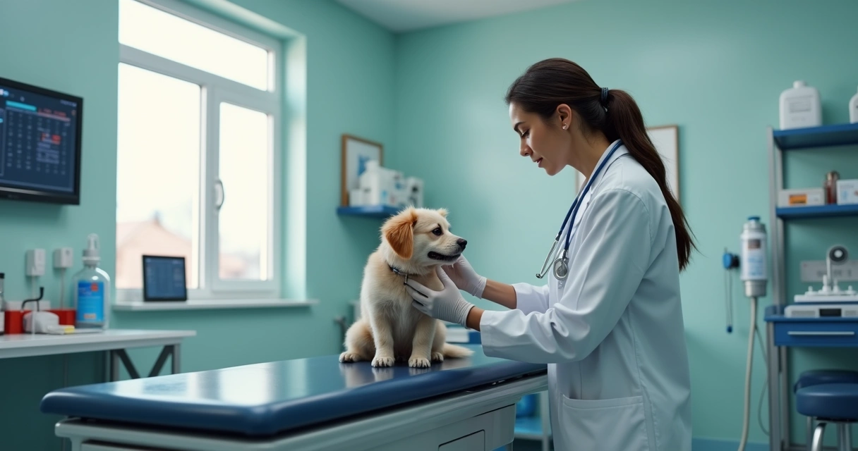 Veterinário atendendo cachorro em emergência no hotel para pets, ambiente limpo e equipamentos médicos visíveis 