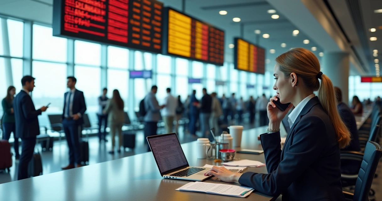Atendimento emergencial em aeroporto durante greve, com agente de viagens ao telefone e passageiros aguardando informações na fila 