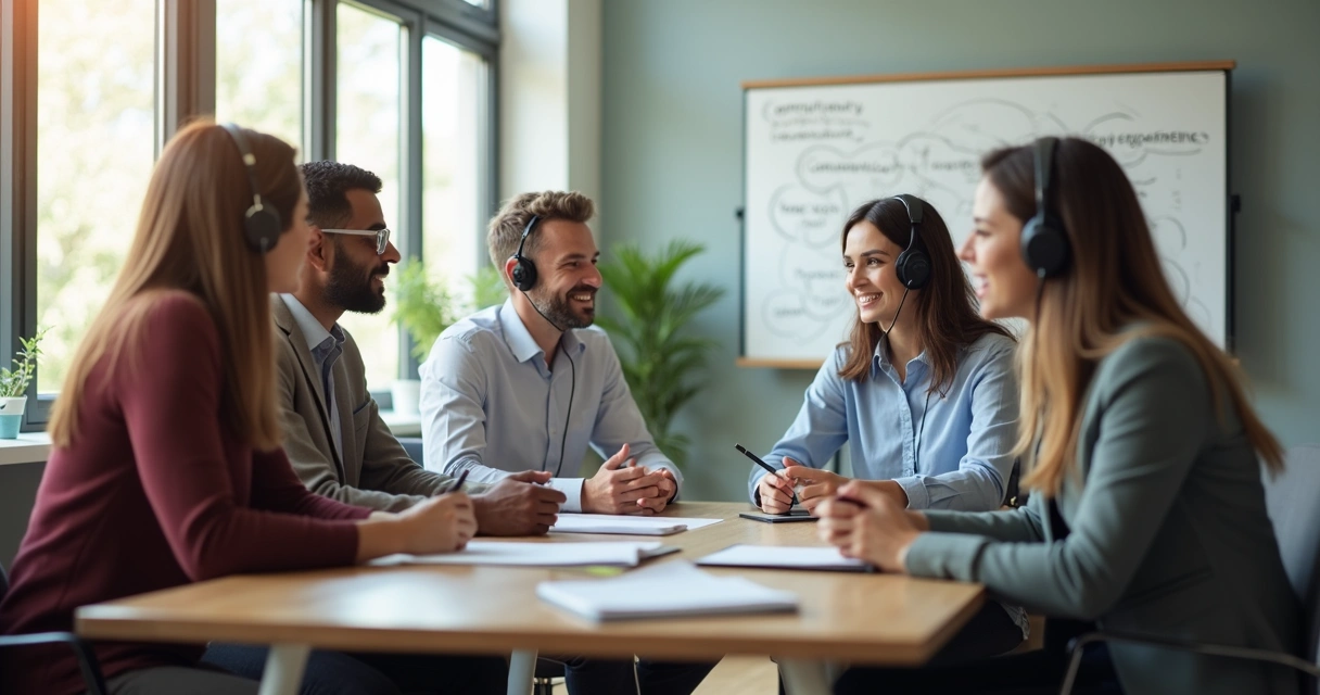 Equipe de atendimento ao cliente reunida em sala clara 