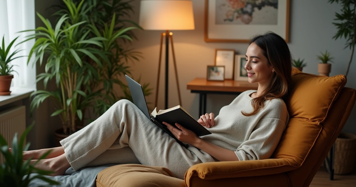 Mulher empreendedora relaxando após trabalho online