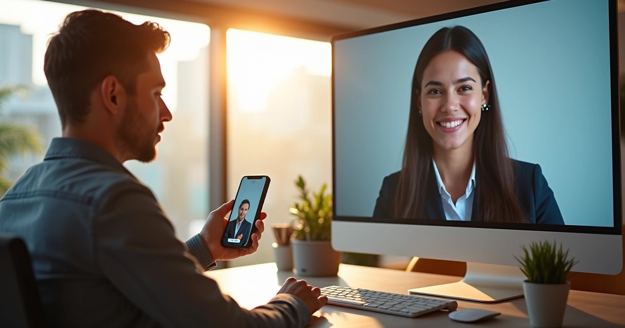 Chatbot entregando conversa ao atendente humano, em ambiente agradável. 