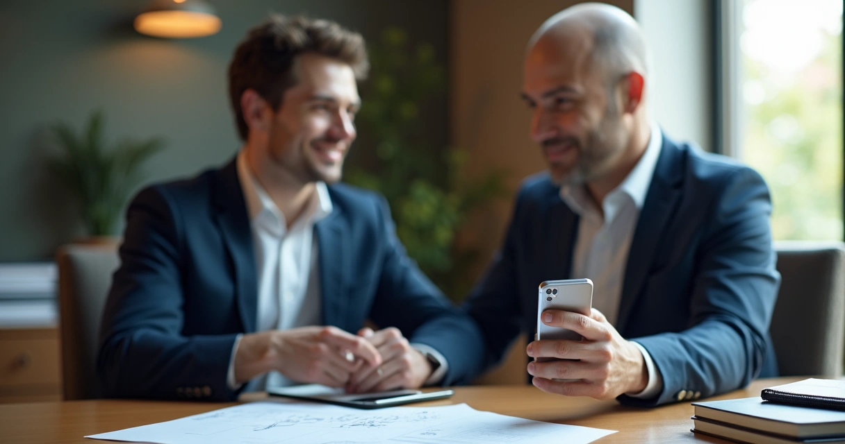 Advogado atendendo cliente no WhatsApp em ambiente confortável