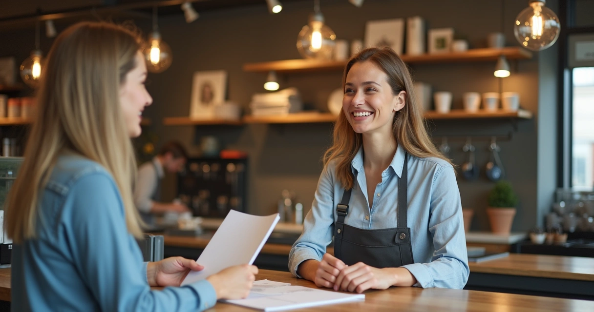 Consultor sorrindo atende cliente em balcão de loja moderna 