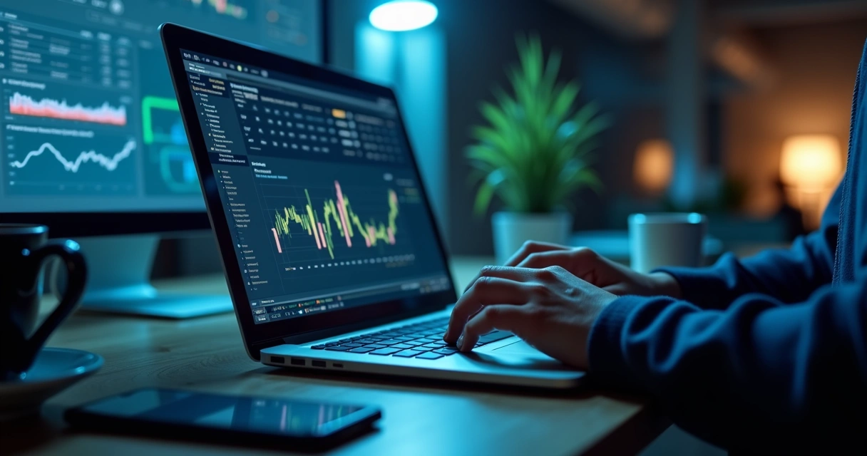 Pessoa digitando mensagem em notebook à noite, ambiente moderno com gráficos de vendas ao fundo. 