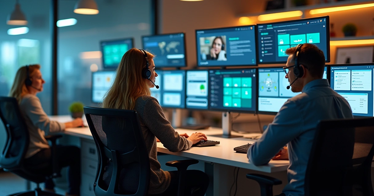 Equipe de atendimento em sala moderna com múltiplas telas mostrando diferentes canais de comunicação