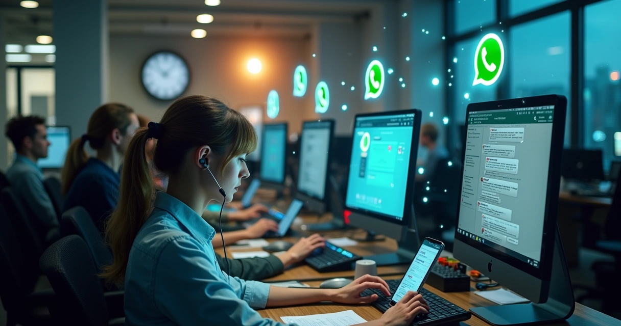 Equipe de atendimento em escritório movimentado com múltiplas telas e mensagens no WhatsApp, demonstrando sobrecarga e necessidade de automação 