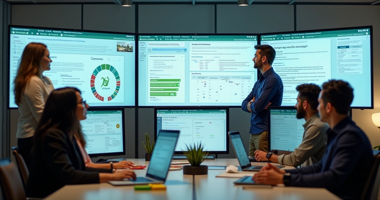Equipe de empresa utilizando painel oficial da API WhatsApp em ambiente de trabalho 