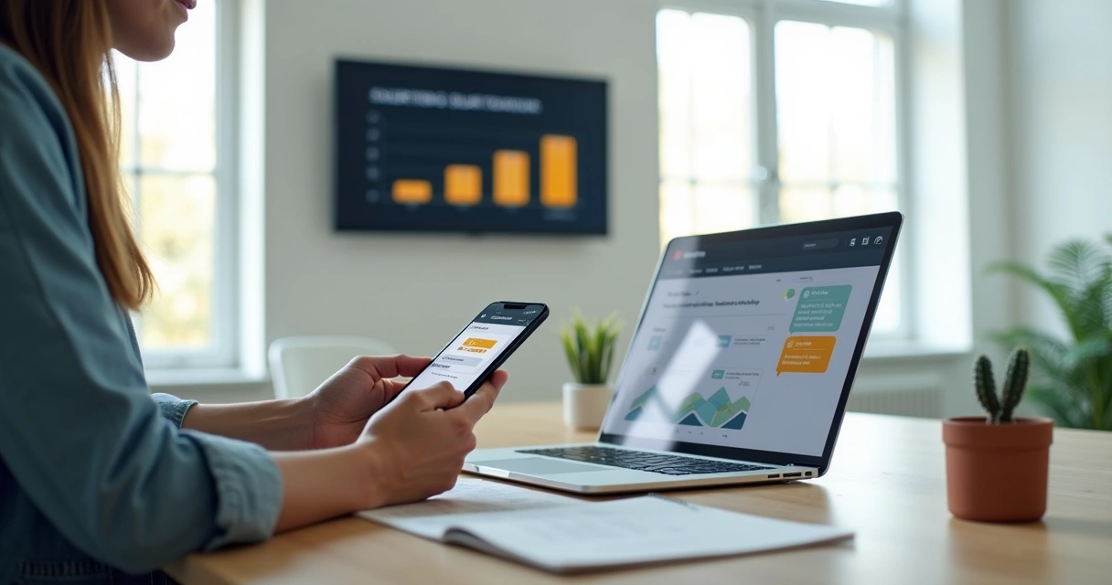 Consultor de energia solar atendendo cliente pelo WhatsApp no escritório 