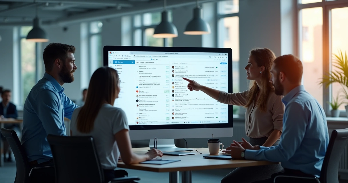 Equipe de atendimento analisando uma caixa de entrada compartilhada em um escritório moderno 