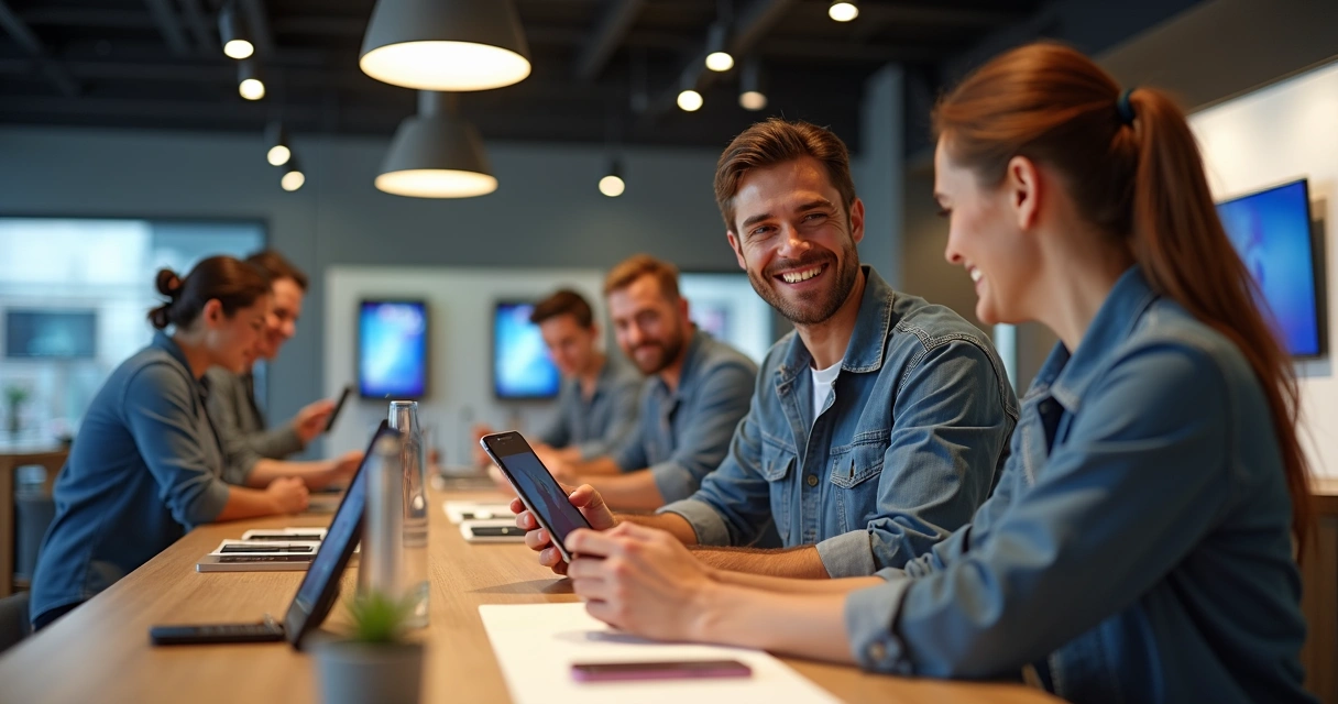Equipe de loja de celular sorrindo e ajudando cliente no balcão