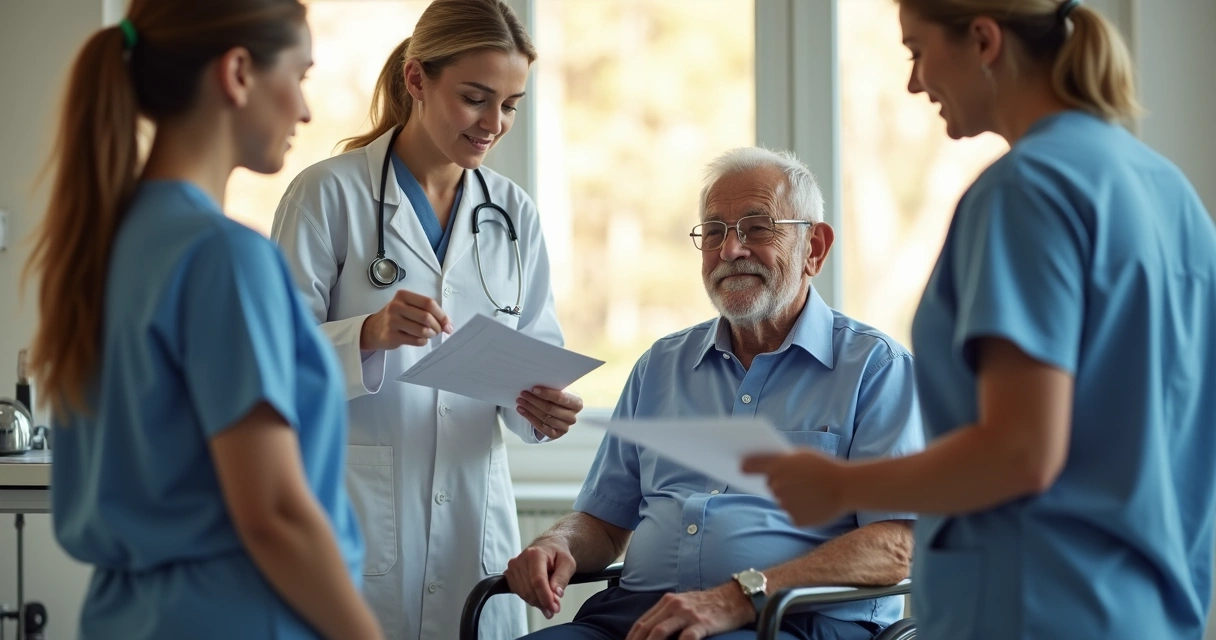 Equipe multidisciplinar atende idoso em clínica médica 