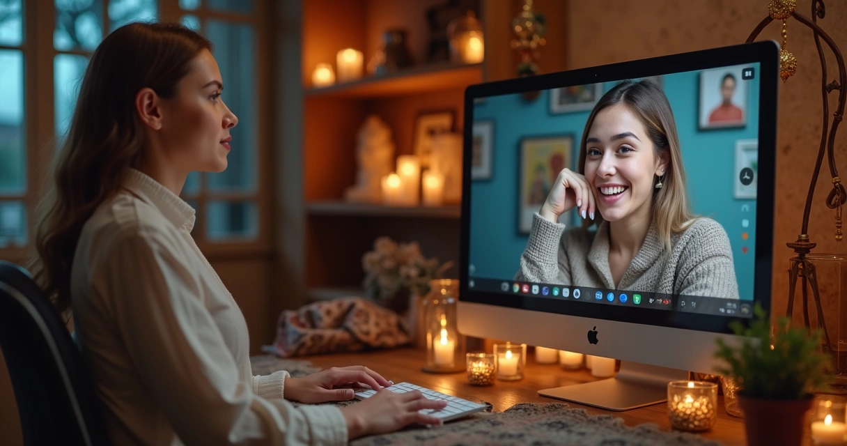 Pessoa falando via chat on-line com consultora espiritual em ambiente iluminado