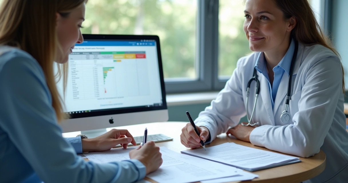 Especialista em saúde orientando um paciente sobre autorizações de plano de saúde 