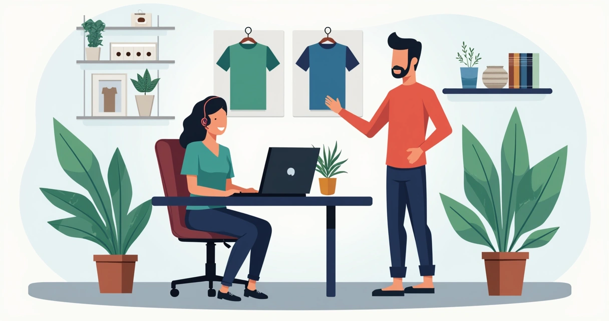 Atendimento personalizado para camisetas personalizadas, atendente ao telefone próximo a amostras de camisetas 