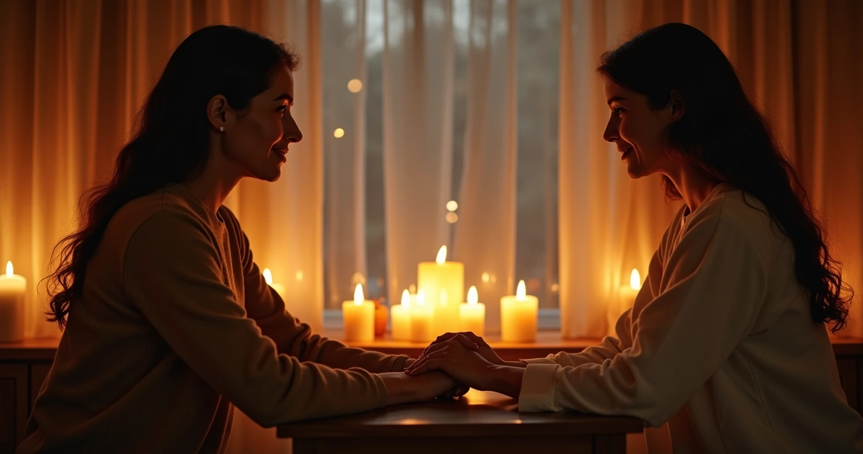 Duas mulheres conversam próximas segurando as mãos, ambiente acolhedor e iluminado por velas 
