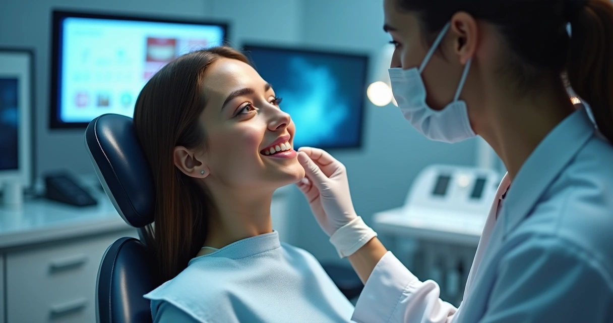 Profissional realiza avaliação facial em paciente em clínica odontológica moderna 