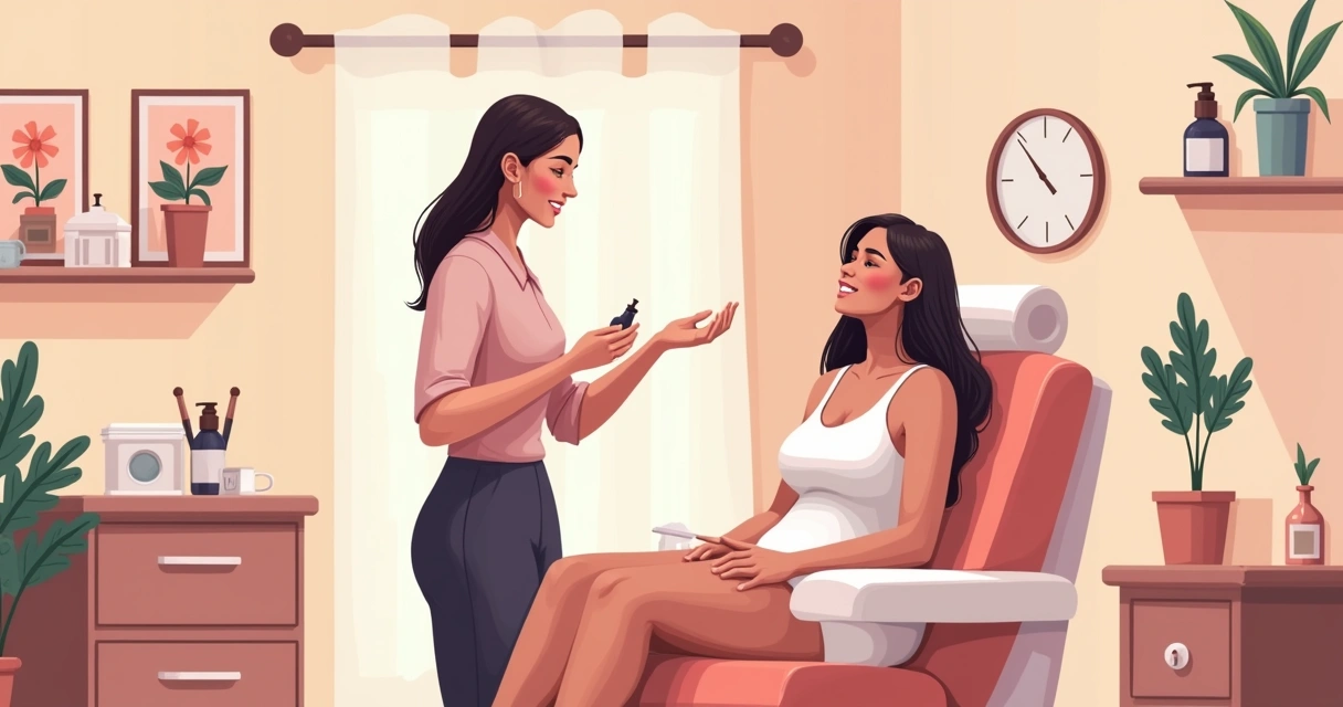 Profissional de depilação prestando atendimento personalizado em estúdio bem decorado, atmosfera acolhedora. 