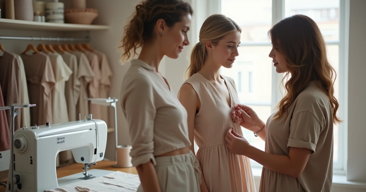 Costureira atendendo cliente para ajuste de vestido, ambiente acolhedor 