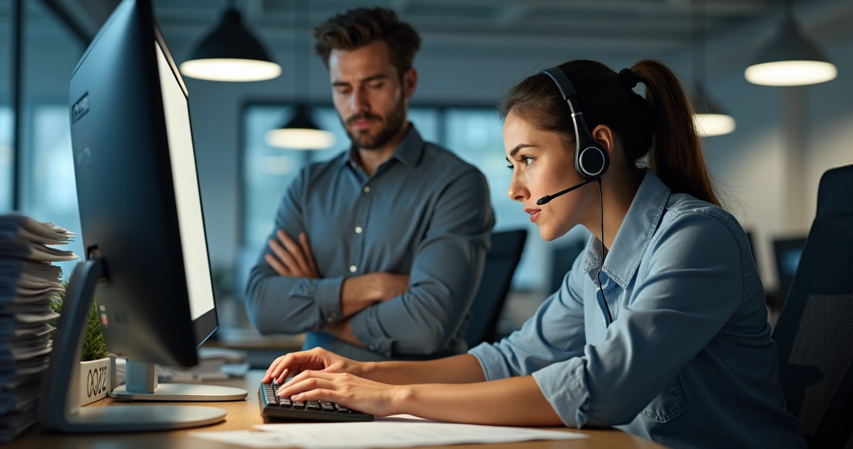 Frustração de cliente ao telefone enquanto funcionário procura dados no computador 